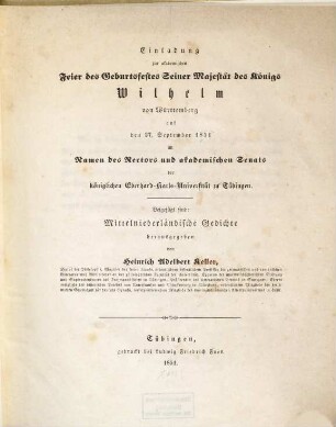 Einladung zur akademischen Feier des Geburtsfestes seiner Majestät des Königs Wilhelm von Württemberg auf den 27. September 1851