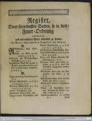 Register, Derer fürnehmsten Sachen, so in dieser Feuer-Ordnung enthalten