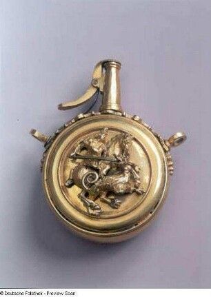 Pulverflasche : Pulverflasche. Messing, z. T. gegossen, ziseliert, vergoldet; Höhe 9,8 cm (1601/1606). Dresden: Rüstkammer X 748