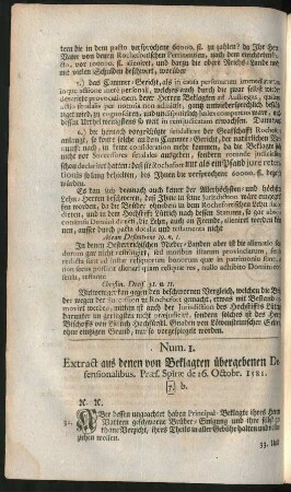 Num. 1. Extract aus denen von Beklagten übergebenen Defensionalibus. Praef. Spirae de 26. Octobr. 1581.