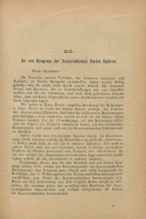 23. An den Kongress der Sozialistischen Partei Italiens.