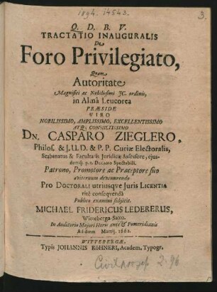 Tractatio Inauguralis De Foro Privilegiato
