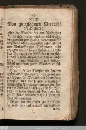 XLIII. Von gnugsahmen Verdacht der Dieberey.