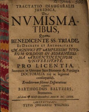 Tractatio inauguralis iuridica de numismatibus