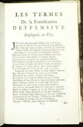 Les Termes De la Fortification Defensive Expliquéz en Vers