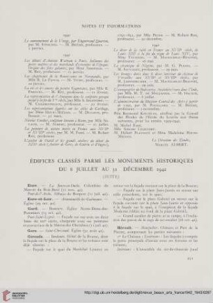 Édifices classés parmi les monuments historiques du 8 Juillet au 31 Décembre 1942