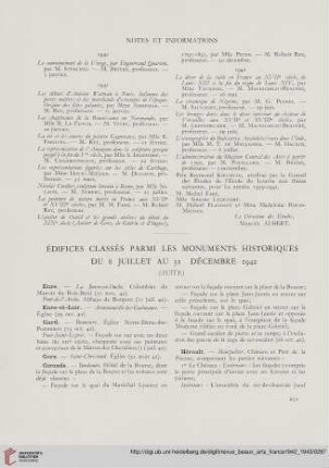 Édifices classés parmi les monuments historiques du 8 Juillet au 31 Décembre 1942