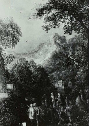 Waldige Berglandschaft mit dem Heimzug des Tobias