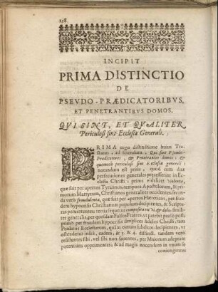 Incipit Prima Distinctio De Pseudo Prædicatoribus, Et Penetrantibus Domos.