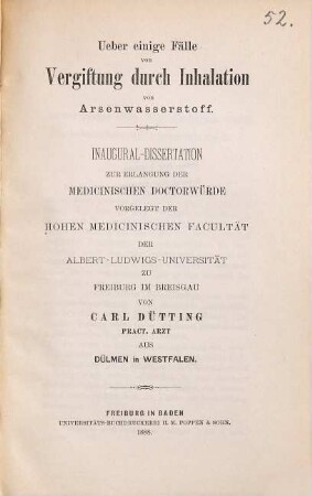 Über einige Fälle von Vergiftung durch Inhalation von Arsenwasserstoff : Inaug.-Diss.