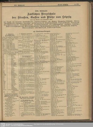 III. Abschnitt. Amtliches Verzeichnis der Straßen, Gassen und Plätze von Leipzig