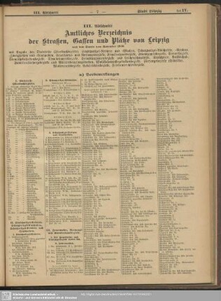 III. Abschnitt. Amtliches Verzeichnis der Straßen, Gassen und Plätze von Leipzig