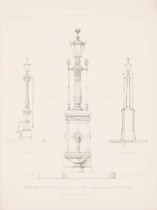 Pumpenständer: Ansicht, Seitenansicht, Schnitt (aus: Architektonisches Skizzenbuch, H. 83/1, 1867)