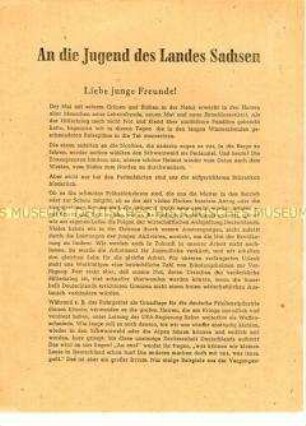 Propagandaflugblatt des Landesausschusses Sachsen für Einheit und gerechten Frieden zum Volksbegehrens 1948 und Aufruf an die Jugend zur Einzeichnung
