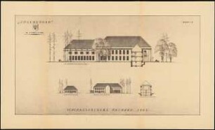 Jugenderholungsheim Schinkelwettbewerb 1943: Seitenansicht 1:100, Querschnitt 1:200; Wohngebäude: Ansicht von N, Unterrichtsflügel: Ansicht von W 1:100