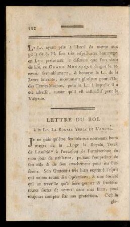 Lettre Du Roi. à la L La Royale Yorck De L'Amitié.