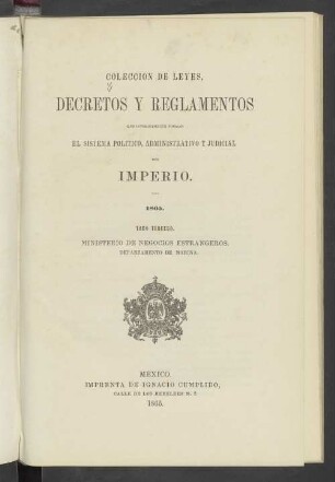 1865, T. 3: Ministerio de Negocios Estrangeros, Departamento de Marina : organización de la marina del imperio