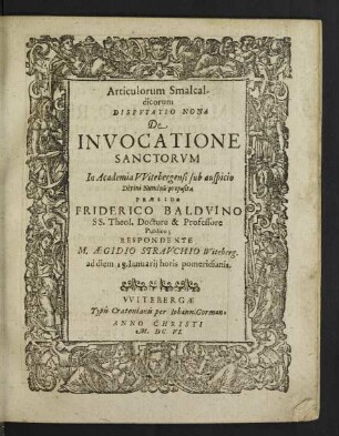 Articulorum Smalcaldicorum Disputatio Nona De Invocatione Sanctorum