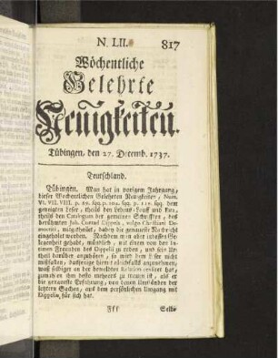 N. LII. Tübingen, den 27. Decemb. 1737