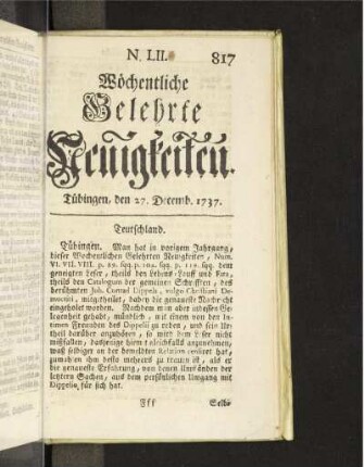N. LII. Tübingen, den 27. Decemb. 1737