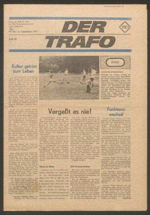 TRO-Betriebszeitung 'Der Trafo'; Nr. 36/1971 (6. September 1971)