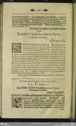 Lit. T. num. 5. Dem Ehrn-Vesten Bernßfeldten von der Tinnen, Unßerm guten Fründt : Zum Bernßfeldt. Thumb-Dechandt und Capitul der Kirchen zu Münster