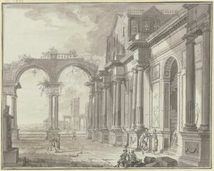 Antiker Palast, links durch zwei Bögen Ausblick auf Architektur in der Ferne, im Vordergrund drei Gruppen mit je zwei Figuren