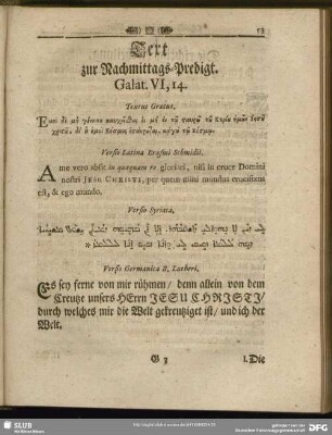 Text zur Nachmittags-Predigt. Galat. VI, 14