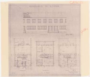 Gesamtbebauungsplan Ankara Ankara Kooperatifi. Haustypen: Typ C3, CANKIRI, Reihenhaus 3 Zimmer, Grundriss Kellergeschoss, Erdgeschoss und Obergeschoss, Vorderansicht 1:50