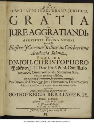 Disputatio Inauguralis Iuridica De Gratia Seu Iure Aggratiandi