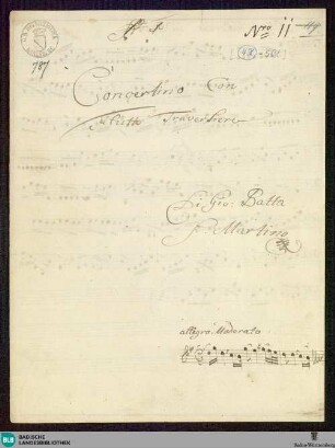 Concertino - Mus. Hs. 787 : fl, vl (2), b; G; GroF 809 BelH deest FarinaS 2004 11