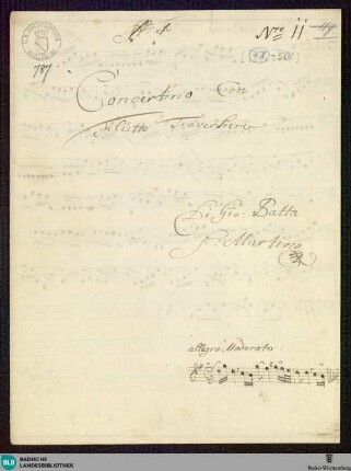 Concertino - Mus. Hs. 787 : fl, vl (2), b; G; GroF 809 BelH deest FarinaS 2004 11