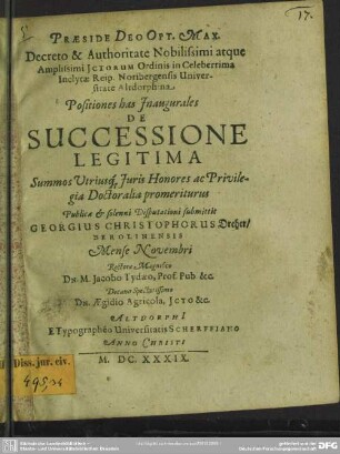 Positiones ... inaugurales: De successione legitima
