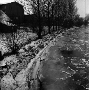 Trave: eingebrochene Eisdecke bei Niedrigwasser: links Baumreihe: dahinter Häuser: Winter