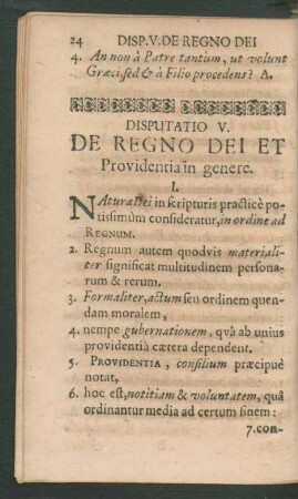 Disputatio V. De Regno Dei Et Providentia genere.
