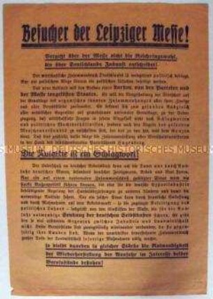 Deutschnationales Propagandaflugblatt zur Reichstagswahl 1933 mit Ausrichtung auf die Besucher der Leipziger Messe