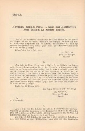 Anlage 2. Allerhöchste Kabinets-Ordres [et]c. sowie zwei Handschreiben Ihrer Majestät der königin Augusta