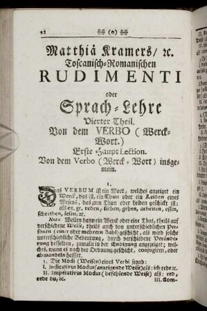 Erste Haupt Lection. Von dem Verbo insgemein. - Dritte Haupt Lection. Von ... Verbis Activis, Passivis, Verbis Neutris, Verbis Reciprocis ...
