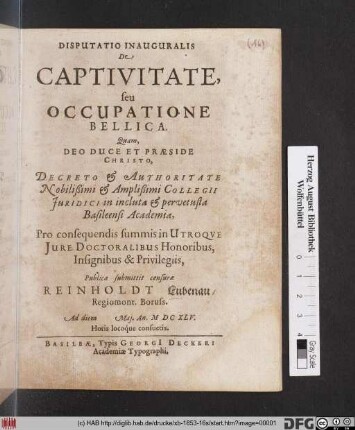 Disputatio Inauguralis De Captivitate, seu Occupatione Bellica