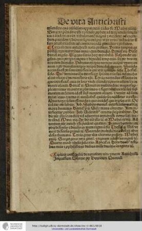Explicit compendium de nativitate vita et morte Antichristi. Impressum Colonie per Henricum Quentell.