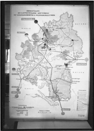 Übersichtskarte über die Elektrizitätswerke in Württemberg mit Versorgungsgebiet und Hochspannungsleitungen
