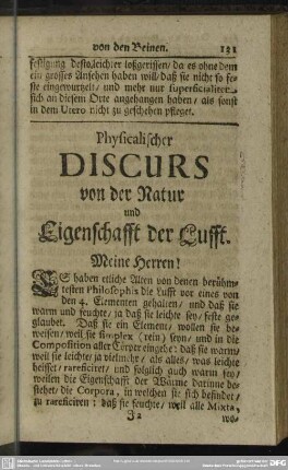 Physicalischer Discurs von der Natur und Eigenschafft der Lufft