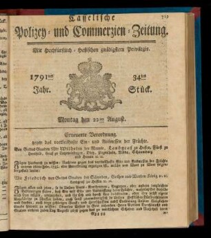 34tes Stueck, Montag den 22ten August. 1791