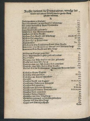 Register darinnen die Praeparationes ... zufinden.