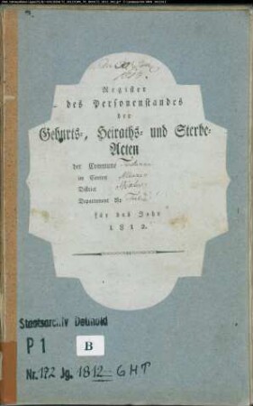 Zivilstandsregister der katholischen Gemeinde Fürstenau, Kreis Höxter (GHT 1812) (Gemeinde: Katholische Gemeinde Fürstenau)