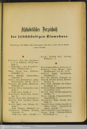 Einwohnerverzeichnis : Alphabetisches Verzeichniß der selbstständigen Einwohner