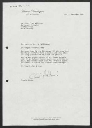 Brief an Franz Willnauer an Salzburger Festspiele, 01.09.1989