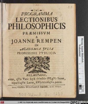 Programma Lectionibus Philosophicis Præmissvm