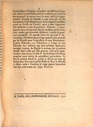 Arrest Du Conseil D'Estat Du Roy, Qui ordonne la suppression du Mandement de M. l'Archevesque d'Embrun, donné à Embrun le .... Aoust 1731. &c. : Du 24. Septembre 1731. Extrait des Registres du Conseil d'Estat