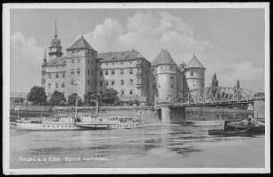 Torgau. Schloss Hartenfels - Elbbrücke mit Dampfer Hermes